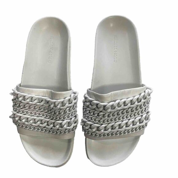 KENDALL + KYLIE Women's Shiloh 2 Leather Metal Upper Slide Sandal Sz 9.5M White - Picture 1 of 11